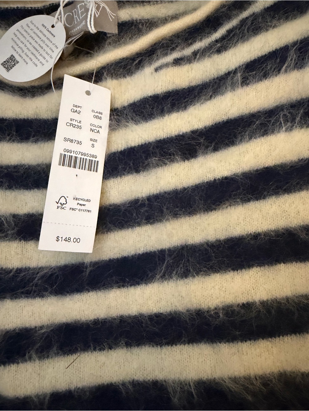 J CREW SMALL Brushed cashmere boatneck T-shirt in stripe CR239 $148 - Picture 7 of 7